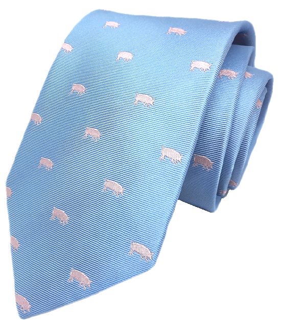 C1221 Corbata azul celeste con dibujos de animales cerdo ibérico 100% Seda Natural Jacquard