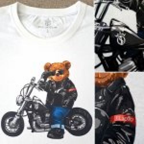 Camiseta de Oso rockero con chupa de cuero en moto chopper EL SOTO 100% algodón en color