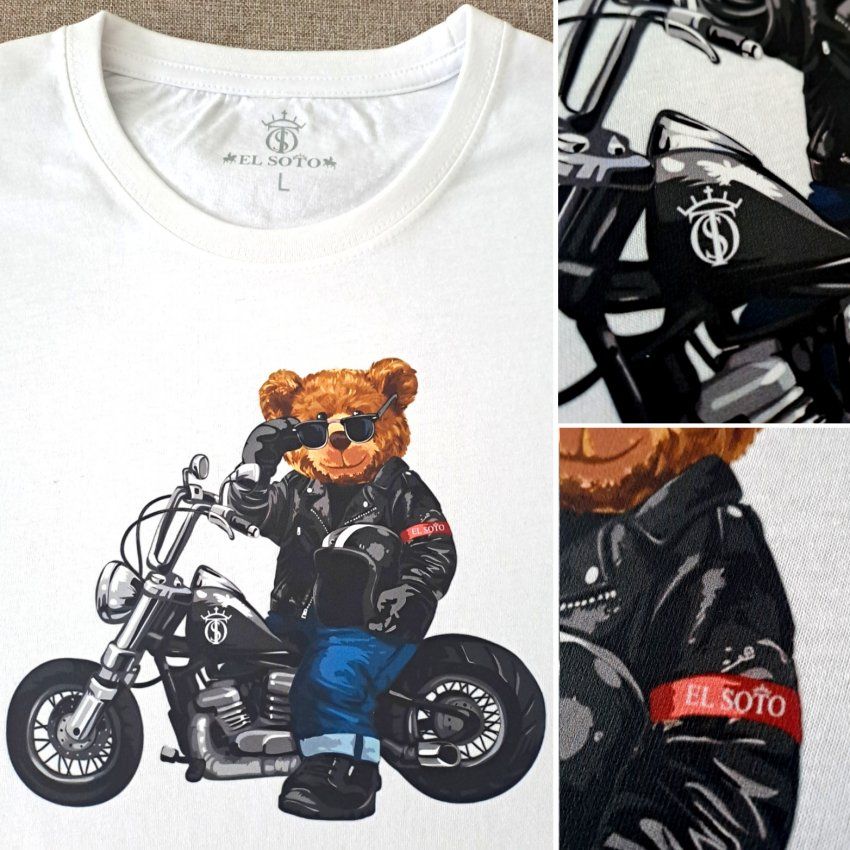 Camiseta de Oso rockero con chupa de cuero en moto chopper EL SOTO 100% algodón en color blanca